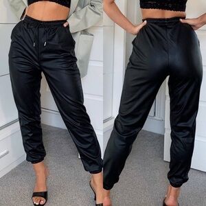 ASOS Womens Black Faux Leather High Waisted Pull On Joggers Pants Sz 18